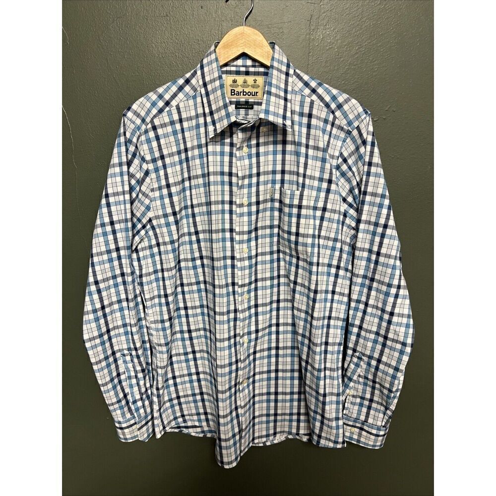 Barbour Tailored Fit Shirt Mens Medium Blue Plaid Long Sleeve Button Up
